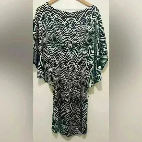 Express Silk Blouson Dress, Women’s Size Small, Geometric Black & Cream, Y2K - Picture 2 of 16